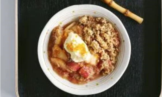 Rhubarb, apple and star anise crumble with mascarpone and zest