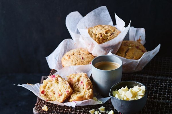 Rhubarb, apple and white chocolate muffins