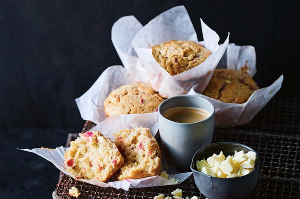 Rhubarb, apple and white chocolate muffins
