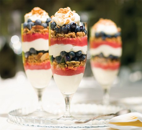 Rhubarb, blueberry & cream parfait