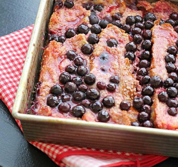Rhubarb, blueberry and ginger brioche bread pudding 