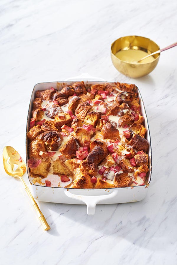 Rhubarb bread pudding with honey crème Anglaise