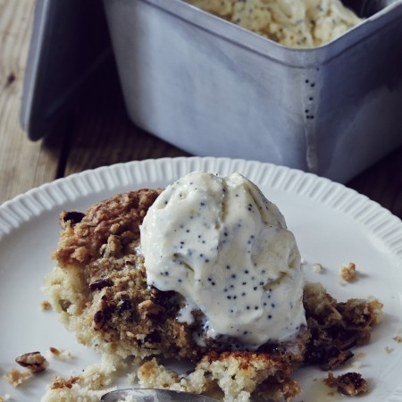 Rhubarb buckle with poppy seed-buttermilk ice cream
