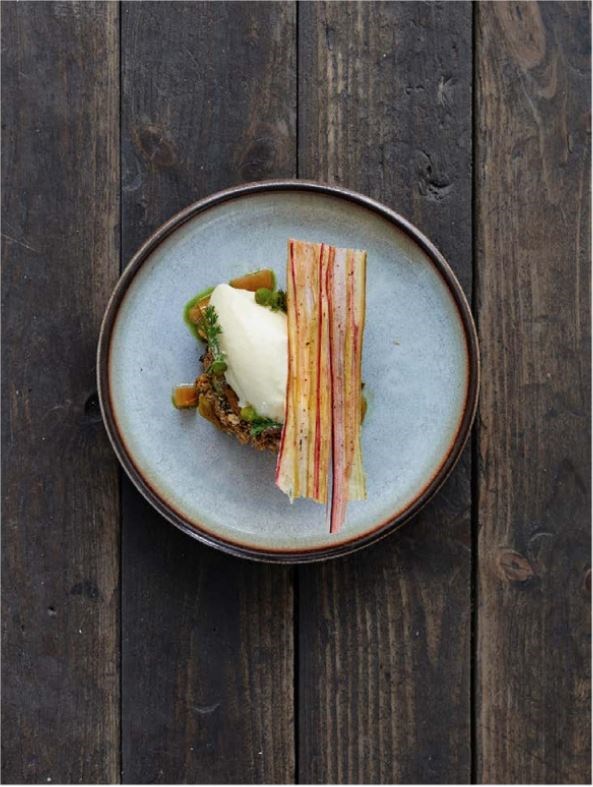 Rhubarb cake with spent beer grains and pineapple weed ice cream