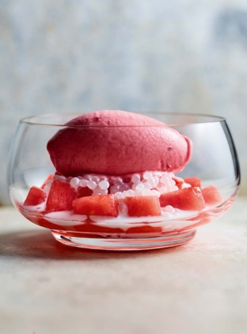 Rhubarb, cardamom and rosewater sorbet, boozy watermelon and sago