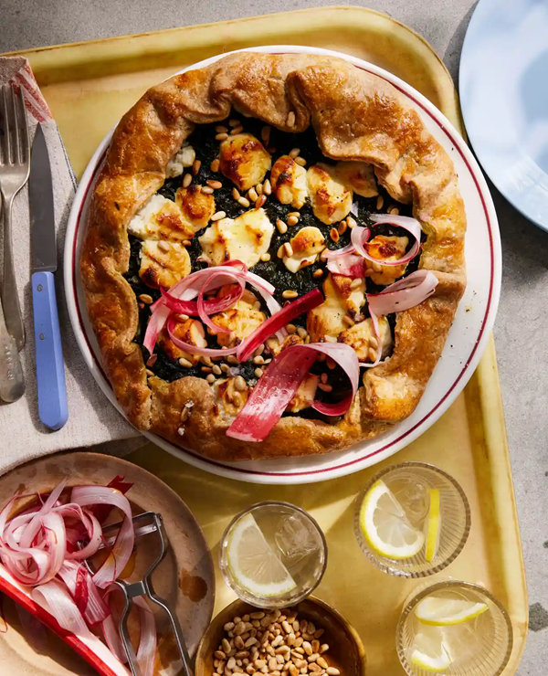 Rhubarb, chard and goat's cheese galette