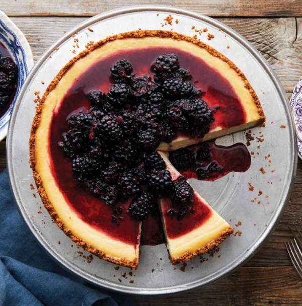 Rhubarb cheesecake with pistachio crust and blackberry compote