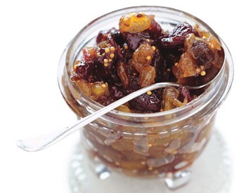 Rhubarb, cherry, and golden raisin chutney