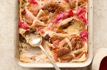 Rhubarb, custard & hot cross bun pudding