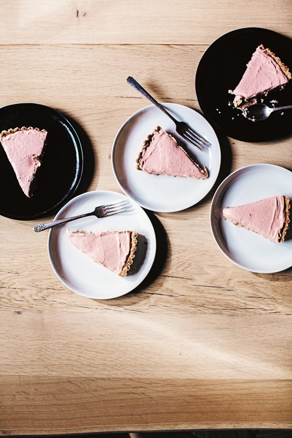 Rhubarb custard tart with a macadamia nut crust and raspberry ice