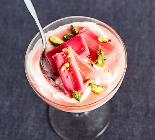 Rhubarb fool with confit rhubarb & pistachios