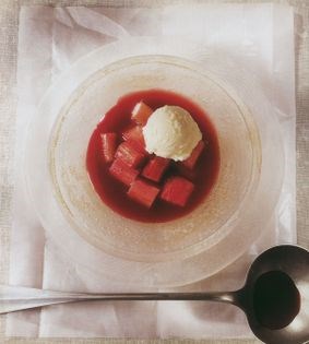 Rhubarb in chilled punch syrup with cheese sorbet