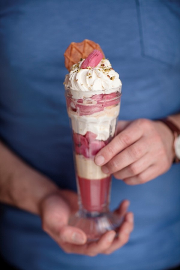 Rhubarb knickerbocker glory with pistachios