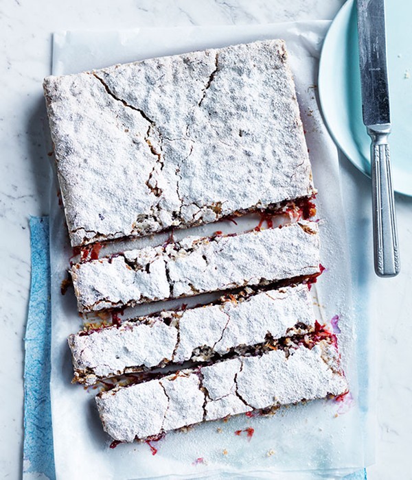 Rhubarb, lime and coconut slice