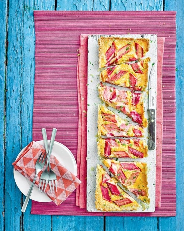 Rhubarb, lime and ginger custard tart