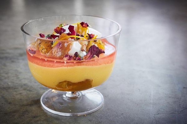 Rhubarb, orange and custard trifle
