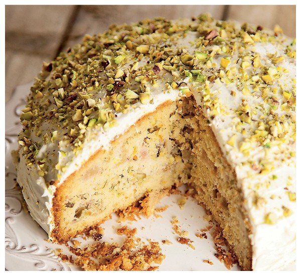 Rhubarb, orange, pistachio & cardamom cake