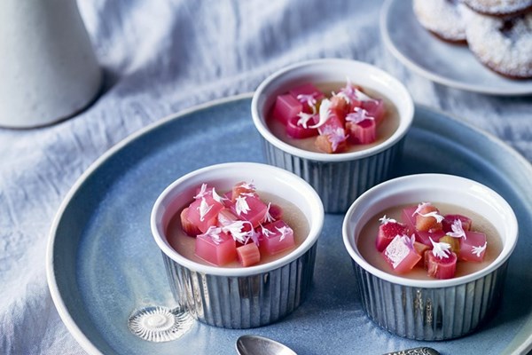  Rhubarb panna cotta, poached rhubarb, warm almond cakes