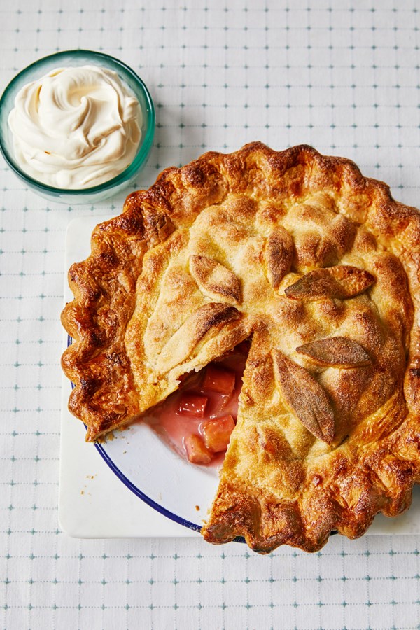 Rhubarb plate pie with brandy cream