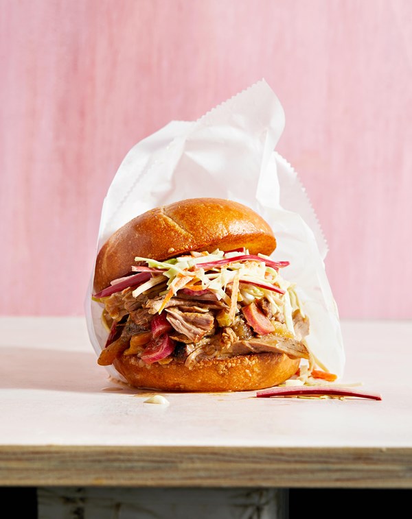 Rhubarb pulled pork with rhubarb coleslaw