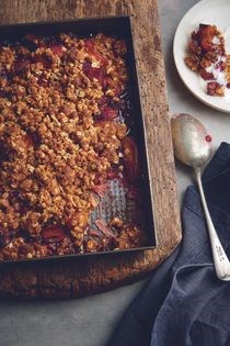 Rhubarb, raspberry and apple crumble with ginger ice cream