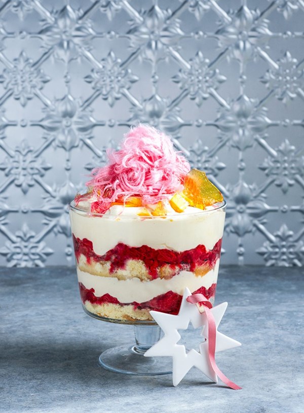 Rhubarb, raspberry and rose water trifle with praline