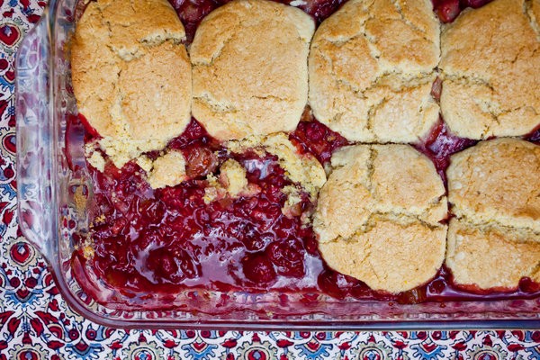 Rhubarb raspberry cobbler with cornmeal biscuits