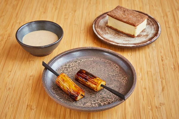 Rhubarb ripple ice cream sandwich with rhubarb kebab and milk jam