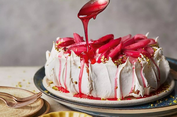 Rhubarb, rose & pistachio Pavlova