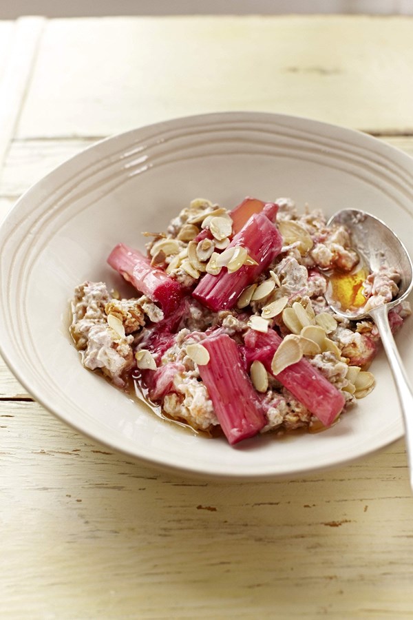 Rhubarb, rose and almond Bircher muesli