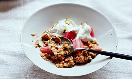 Rhubarb, rose, and almond Bircher muesli