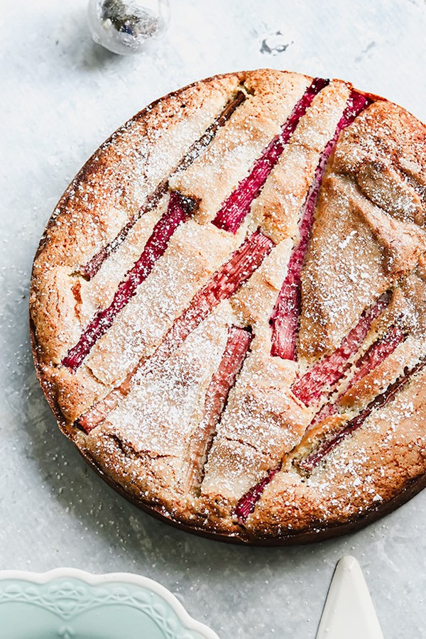 Rhubarb, rose, and almond cake