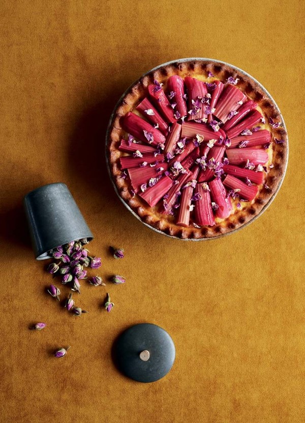 Rhubarb, rosewater & custard tart