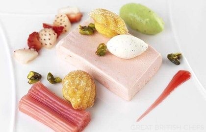 Rhubarb semifreddo and pistachio cream with a honey madeleine