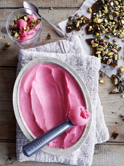 Rhubarb sorbet with pistachio brittle 