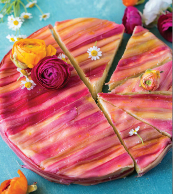 Rhubarb-striped mango cake