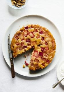 Rhubarb upside-down cake w/ whipped cream + salty nuts