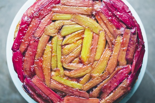 Rhubarb upside-down yogurt cake