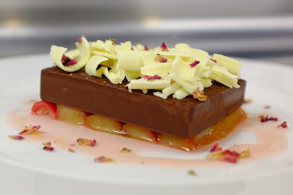 Rhubarb with Earl Grey tea chocolate ganache, white chocolate and rose