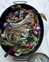 Rib eye and radishes in bagna cauda butter
