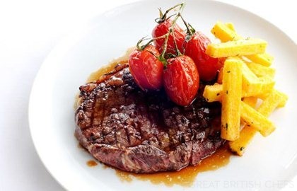 Rib-eye of beef with polenta chips