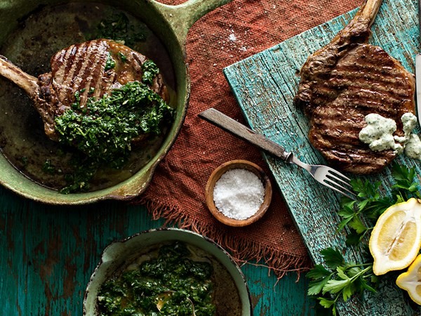 Rib eye steak with green sauces