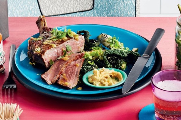 Rib-eye steak with miso butter and green kimchi