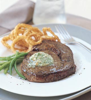 Rib-eye steaks with Gorgonzola butter and crispy sweet onion rings