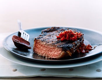 Rib-eye steaks with harissa-style relish