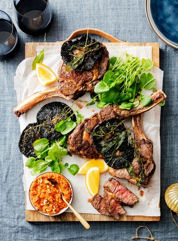 Rib-eye steaks with romesco sauce