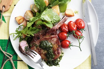 Rib-eye steaks with salsa verde