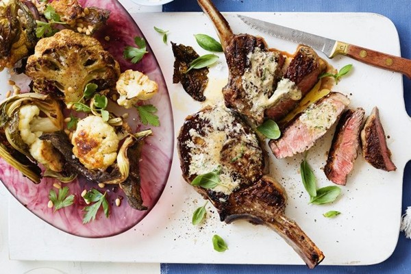 Rib-eye with anchovy butter and roasted cauliflower