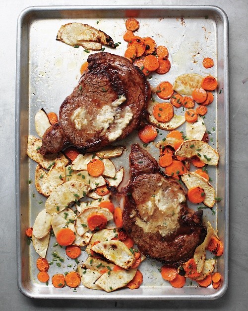 Rib eye with horseradish butter and root vegetables