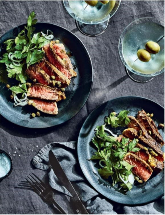 Rib-eye with sizzled capers & humongous parsley salad